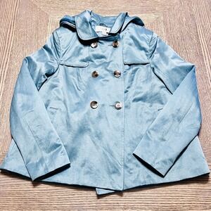 XXI Forever 21 Women Blue Gray Double Breasted Long Sleeve Coat Jacket Hooded 4